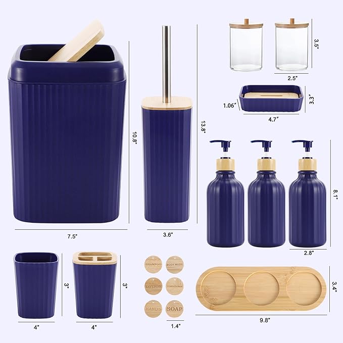 Navy Blue Bathroom Accessories Set 17PCS Bathroom Set with Trash Can 3PCS Lotion Soap Dispenser, Toothbrush Holder,6PCS Wood Tags Bath Accessories with Tray for Kitchen Bathroom