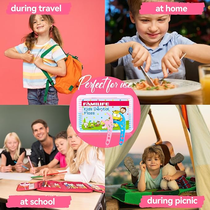 FAMILIFE Kid Floss Picks, Kid Flossers Without Fluoride, Dental Floss Picks with 4 Travel Handy Cases, Unflavored 120ct
