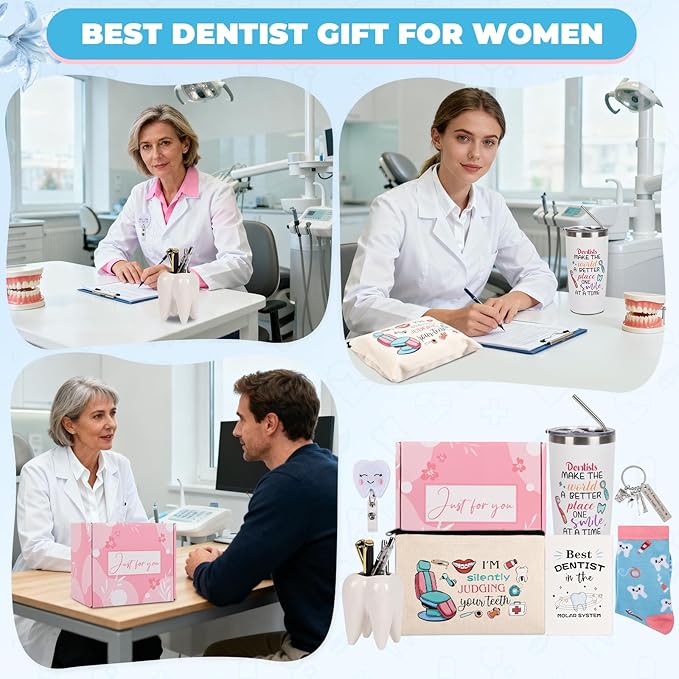 Dentist Gifts for Women Unique Dental Assistant Gifts Funny Dental Hygienist Gift Including Tumbler Mug Socks Badge Reel Holder Makeup Bag Keychain for Birthday Christmas (Dentist Women)