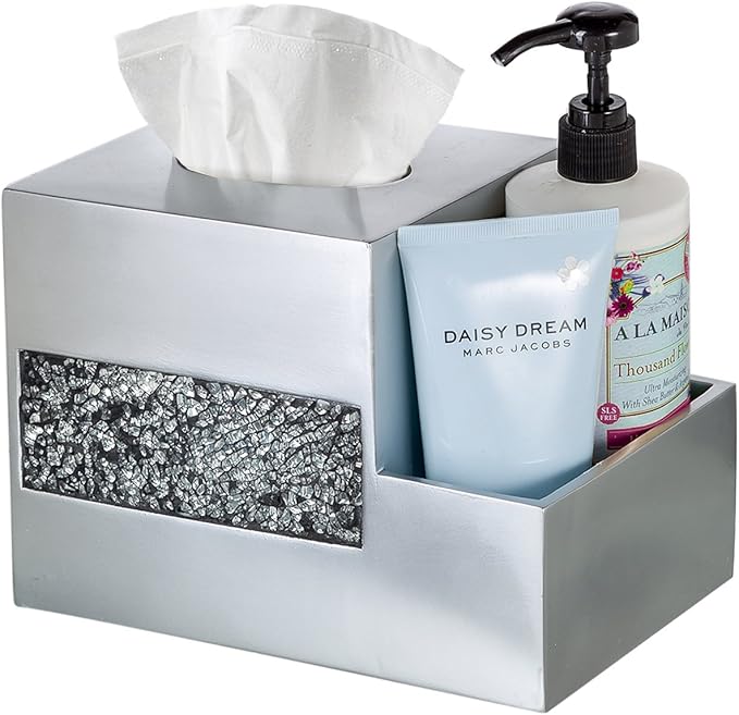Crackled Glass Silver Tissue Box Cover Square and Nightstand Organizer for Men & Women - Multi-Function Mosaic Glass Tissue Box Holder with Makeup, Phone, Remote Control Holder Organizer for Table