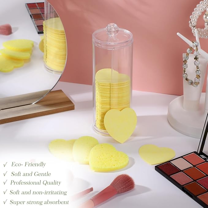 Sieral 120 Pcs Compressed Facial Sponges with Container Disposable Face Sponge Pads for Washing Face Cleansing Exfoliating Esthetician Makeup Removal(Heart,Lemon Yellow)