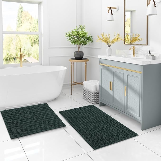 Arotive Luxury Chenille Bathroom Rug Mat, Extra Soft Thick Absorbent Shaggy Bath Rugs, Non-Slip Machine Wash Dry, Plush Bath Mats for Bathroom, Shower and Tub, 59x35, Dark Green