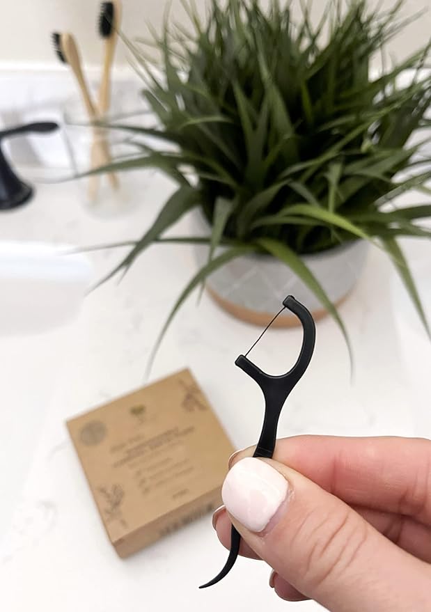 Me Mother Earth Vegan Biodegradable Dental Floss Picks (200 Count) - Natural | Sustainable | Eco-Friendly | Charcoal Dental Flossers for a Zero Waste Oral Care (3 Inch)