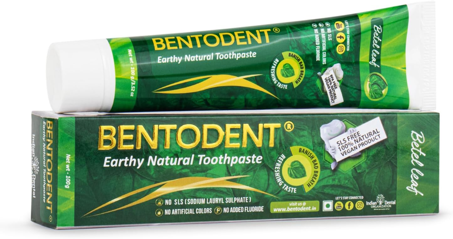 Bentodent Indian Healing Clay Toothpaste with Calcium bentonite Clay, Pure & Organic Ingredients for The Entire Family Including Kids, SLS & Fluoride Free, Vegan, 3.52oz (Betel Leaf Combo)