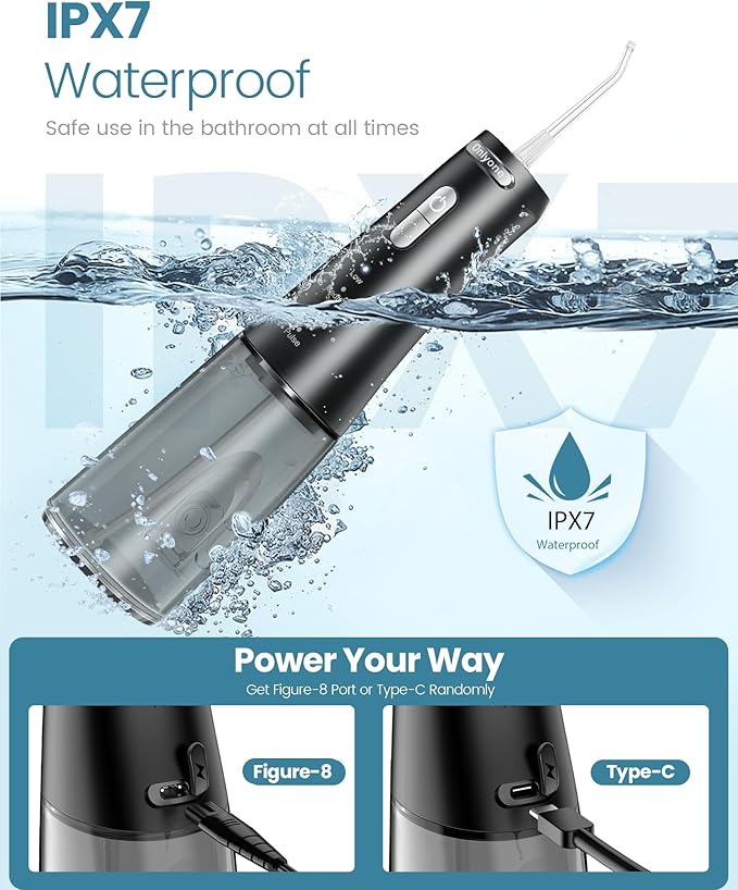 Onlyone Water Dental Flosser, 300ML Portable Oral Irrigator for Teeth, 4 Modes and 5 Jet Tips,Rechargeable Irrigation Cleaner,Electric Flossing Machine Power Flossers & Irrigator Accessories Black