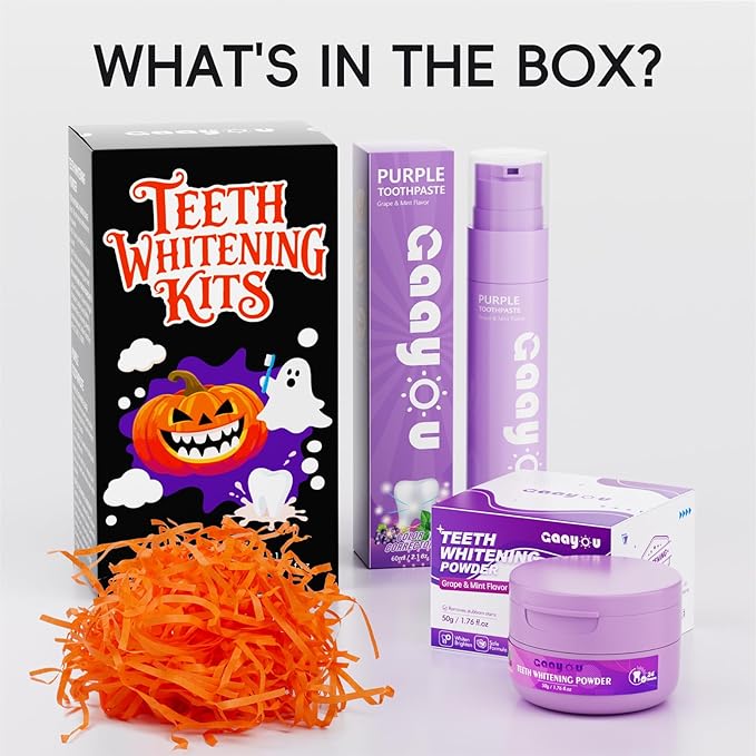 Teeth Whitening Powder Purple Teeth Whitening Kits Natural Tooth Powder Halloween Theme Favors Gifts Set Powder Toothpaste for Men Women Tooth Stain Removal