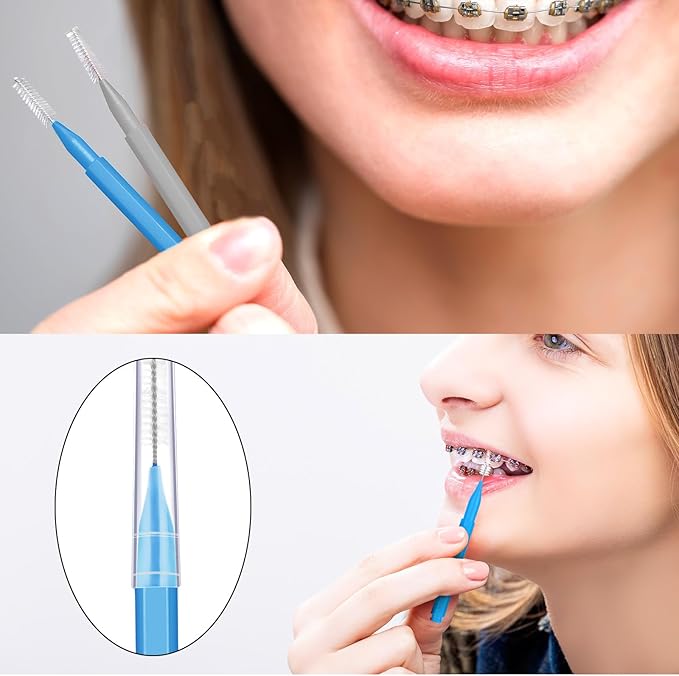 Patelai 100 Pieces Braces Brush for Cleaner Interdental Brush Toothpick Dental Tooth Flossing Head Oral Dental Hygiene Flosser Toothpick Cleaners Tooth Cleaning Tool(Blue, Grey,Mixed Sizes)
