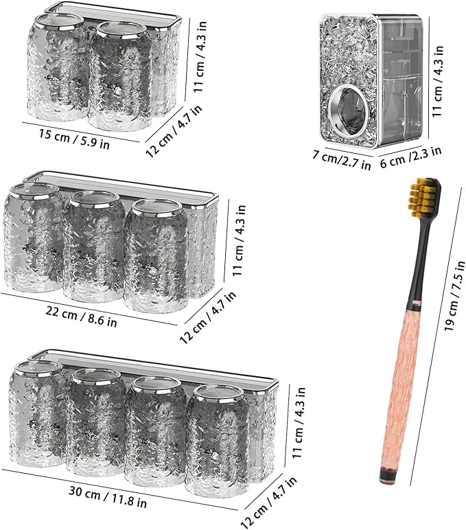 Toothbrush Holders Combo Set for Bathroom,4 Cups Toothbrush Holder Wall Mounted with Organizer,Gift 4 Count Ultra Fine Soft Bristle Crystal Tooth Brush and Wall Mounted Toothpaste Squeezer