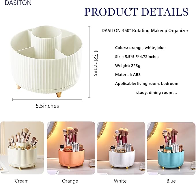 DASITON Large Capacity Makeup Brush Holder,360° Rotating Makeup Organizer,5 Slot Makeup Brushes Cup,for Vanity Decor,Bathroom Countertops,Desk Storage Container,Cosmetic Display cases(Orange)