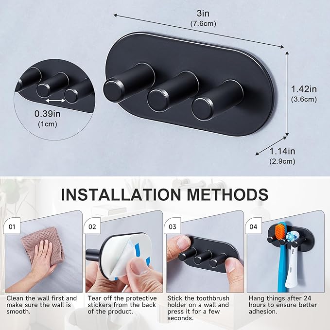 Electric Toothbrush Head Holder, Toothbrush Holders Wall Mounted, Adhesive Tooth Brush Head Holder Organiser, Electric Toothbrushs Holder, Shower Tooth Brushing Holder (Black, Small)