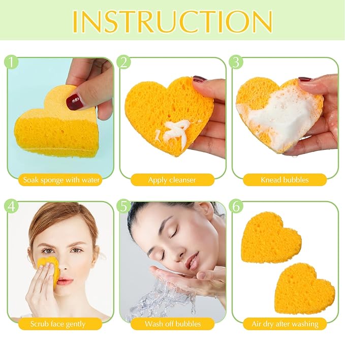 Nuenen 60 Pieces Facial Sponges with Container, Heart Shape Compressed Face Sponges Natural Cleaning Pads for Washing Face Cleaning Exfoliating Esthetician Makeup Removal(Yellow)