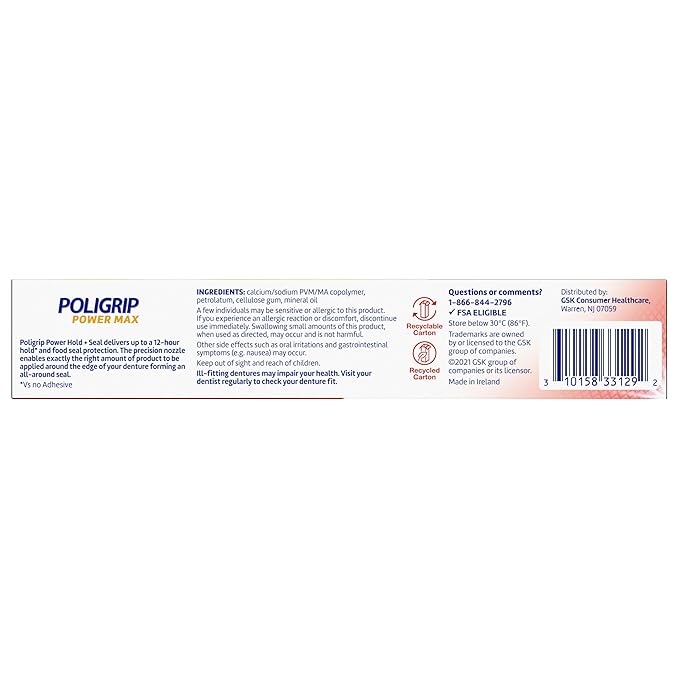 Poligrip Power Max Power Hold plus Seal Denture Adhesive Cream, Denture Cream for Secure Hold and Food Seal, Flavor Free - 2.2 oz (Pack of 4)