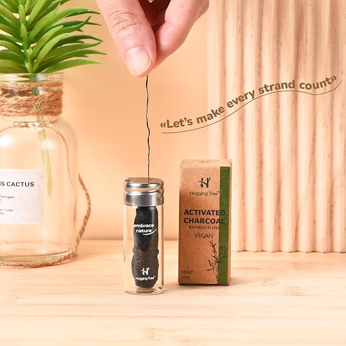 Charcoal Dental Floss with Refillable Glass Dispenser | PFAS Free Dental Floss | Mint (33 Yards)