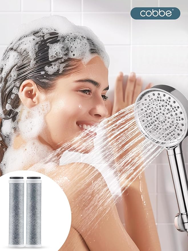Cobbe 4 Pack Replacement Filters for Handheld Shower Head - 2.0 Carbon Shower Head Filter System - Removes Over 99% Chlorine - Reduces Dry Itchy Skin from Hard Water