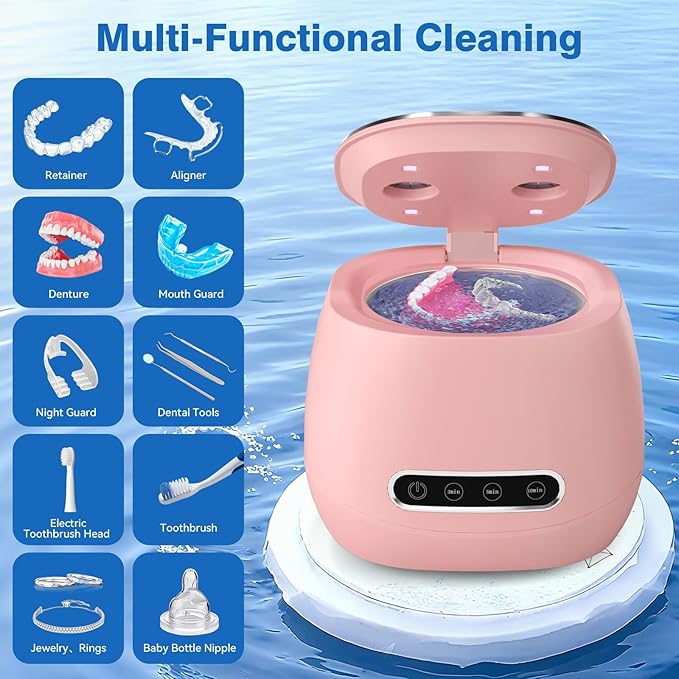 Rechargeable Ultrasonic Retainer Cleaner Machine, 45kHz Portable Dental Cleaning Pod for Dentures, Night Guards, Braces, Aligner, Toothbrush, Jewelry, 3 Cleaning Modes, 200ML Capacity, Pink