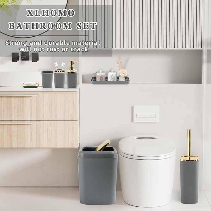 Bathroom Set - Grey and Gold Bathroom Accessories Set, Bathroom Sets with Shower Curtain and Rugs, Grey Shower Curtain Set with Bathroom Trash Can, Soap Dispenser, Soap Dish for Home Decor