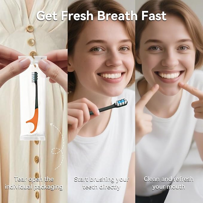 70Pack Disposable Toothbrush with Pre-Pasted Toothpaste 5-in-1 Mini Travel Toothbrush Deep Clean with Toothpick, Flosser, Tongue Scraper for Superior Oral Hygiene, Individually Wrapped