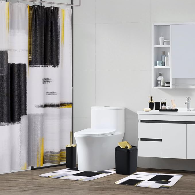 Bathroom Set - Black Bathroom Accessories Set, Bathroom Sets with Shower Curtain and Rugs, Black Shower Curtain Set with Bathroom Trash Can, Soap Dispenser, Soap Dish for Home Decor