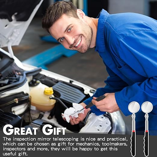 2 Pcs Telescoping Inspection Mirrors, Mechanics Mirror Tool with Long Handle, Round Extendable Mirror on a Stick for Technicians Mechanics Contractors Checking Observation (50mm,Black)