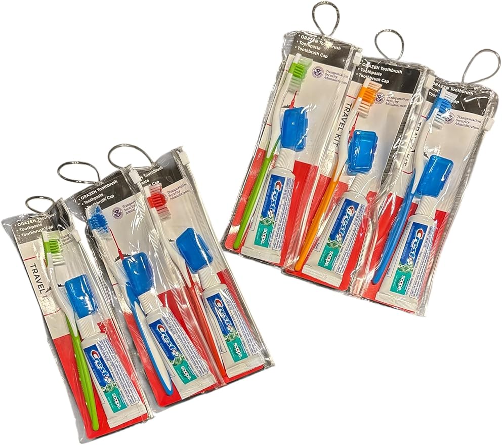 AIAG 12 Pack Toothbrush Travel Kit with Cap and Toothpaste, Soft Bristles, Individually Wrapped Travel Size Toothbrush Resealable Portable and Reusable Bag for Homeless Hotel Home Charity