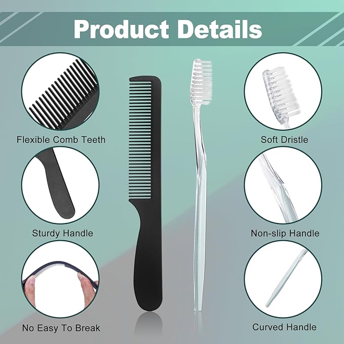 200pcs Disposable Toothbrushes with Toothpaste and Comb Floss Individually Wrapped, 4-in-1 Bulk Toothbrush Kit with 2 Color Toothbrush,10g Toothpaste,7 inch Comb, Floss Pick