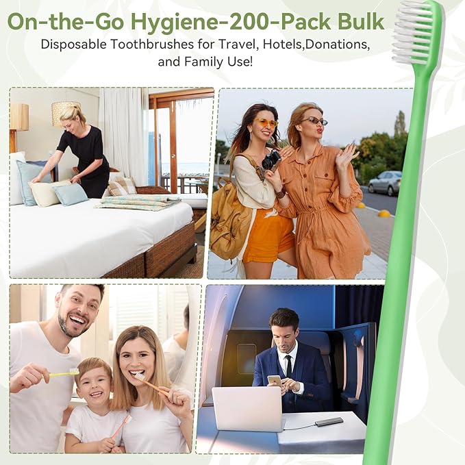 200 Pack Disposable Toothbrushes Bulk – Individually Wrapped Soft Bristles Single Use for Adults & Kids, Travel Hotel Guest Dental Office Donation Emergency Hygiene,Minimalist Design 5 Colors