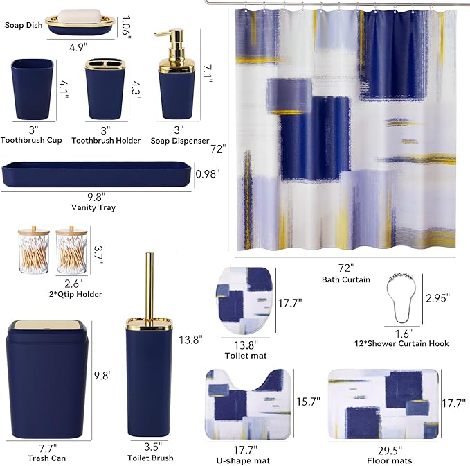 Bathroom Accessories Set - 25PC Bathroom Set with Shower Curtain and Rugs, Blue Bathroom Set, Bathroom Accessory Set with Press-on Lid Trash Can, Soap Dispenser and Qtip Holders
