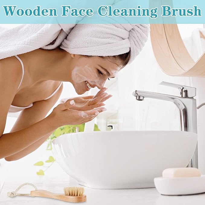 Nuanchu 6 Pcs Wooden Face Cleaning Brush Facial Exfoliator Brush Dry Scrubber Natural Bristles for Face Care Scrubber Exfoliator Wood Handle Facial Cleanser Tool to Unclog Pore