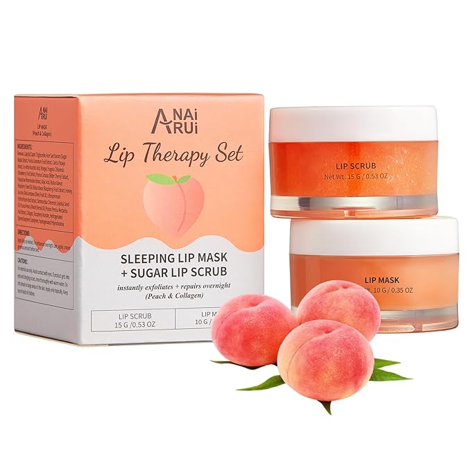 ANAI RUI Lip Care Kit - Mask & Scrub Set, Gift for Mother Girls, Overnight Treatment With Sleeping Mask & Sugar Exfoliator, Moisturizer for Dry, Chapped, Dark Lips, Peach