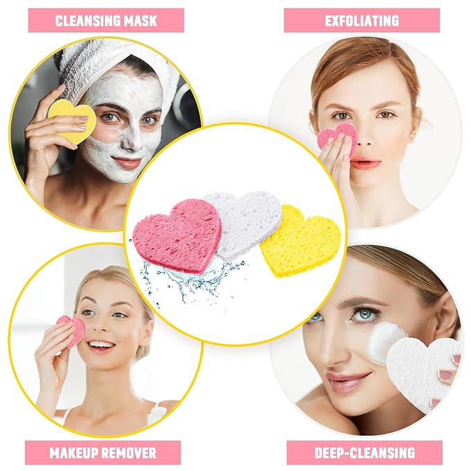 Nuenen 60 Pieces Facial Sponges with Container, Heart Shape Compressed Face Sponges Natural Cleaning Pads for Washing Face Cleaning Exfoliating Esthetician Makeup Removal (Pink,White, Yellow)