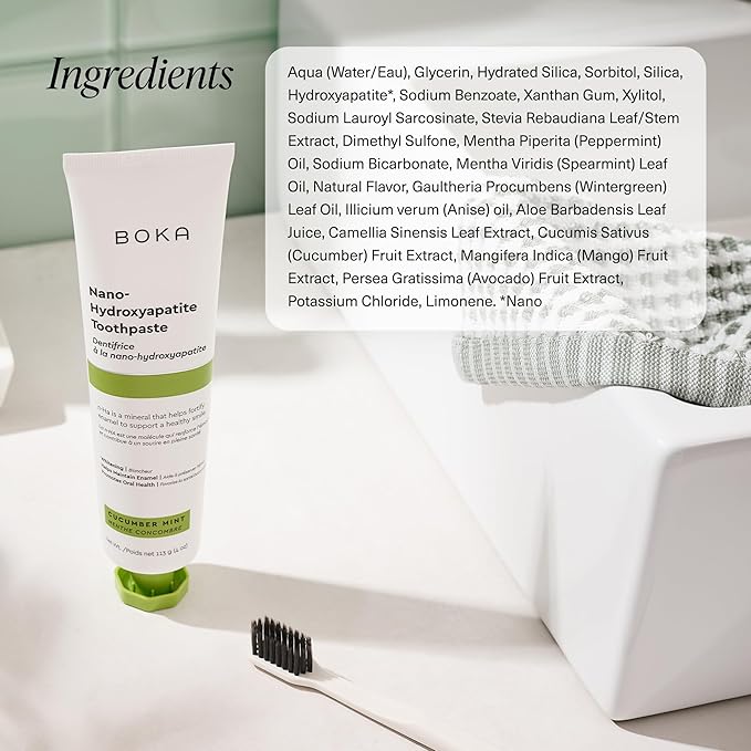 Boka Fluoride Free Toothpaste, Nano Hydroxyapatite Toothpaste, Appropriate for Sensitive Teeth - for Adult, Kids Oral Care - Cucumber Mint Flavor, 4 Fl Oz 1Pk US Manufactured
