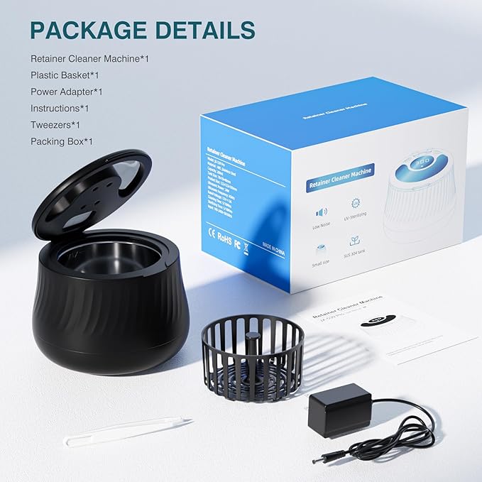Ultrasonic Retainer Cleaner Machine- 45kHz Denture Cleaner, 200ML Dental Cleaning Pod for Aligners, Mouth Night Guards, Toothbrush Heads & Jewelry, 4 Cleaning Modes, Digital Timer, Black
