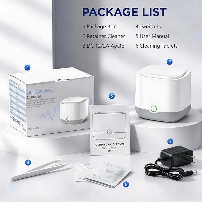 Ultrasonic Retainer Cleaner with 4 UVC Light, Jinyeda 45kHz Rechargeable Retainer Cleaner Machine 24W, 4000mAh Battery, 200ML Dental Cleaning Pod 3 Mode for Mouth Guard Aligners Denture