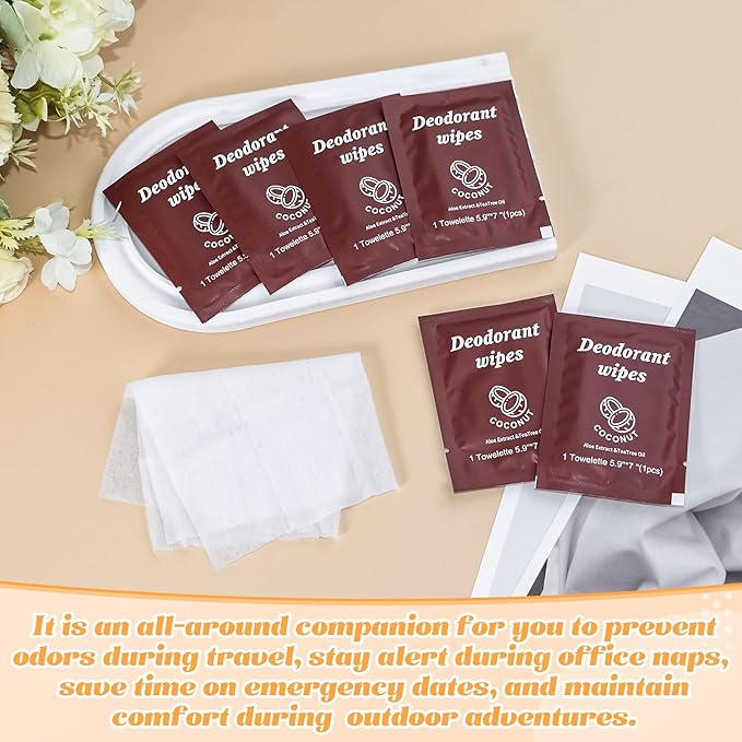 Travel Deodorant Wipes Individually Wrapped,Body Wipes to Clean Skin for Women Men(Coconut,pack of 100)
