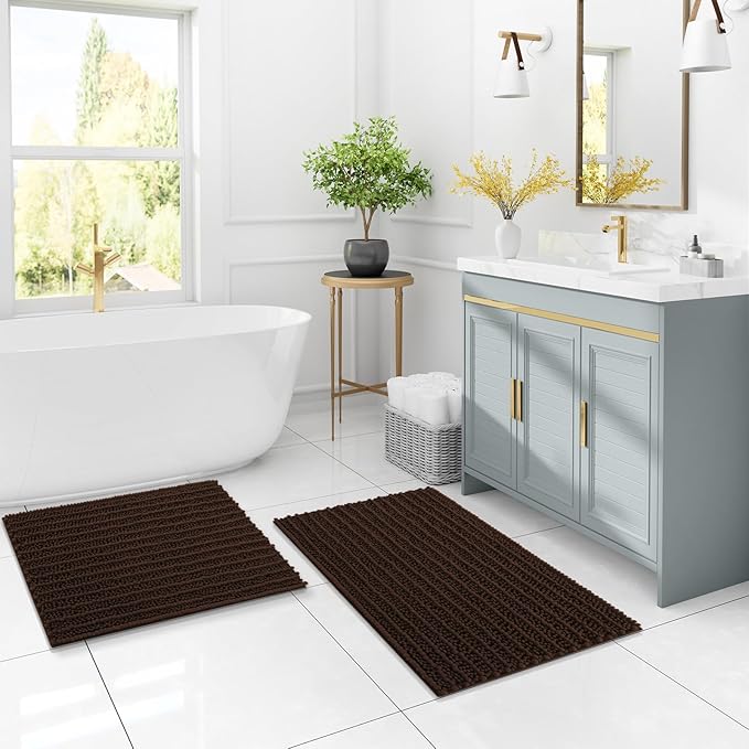 Arotive Luxury Chenille Bathroom Rug Mat, Extra Soft Thick Absorbent Shaggy Bath Rugs, Non-Slip Machine Wash Dry, Plush Bath Mats for Bathroom, Shower and Tub, 30x17, Brown