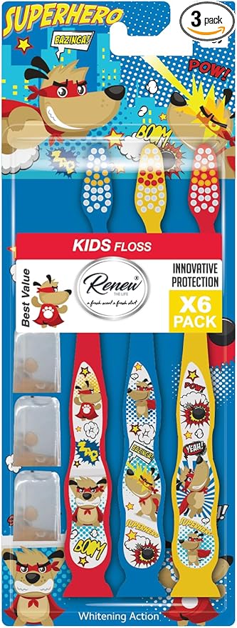 Kids Toothbrush with Travel Caps, Extra Soft Bristles, Dinosaur Theme, Manual, Ages 3-10, Pack of 3 (Superhero, 1 Pack)