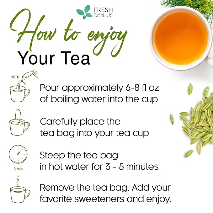 FreshDrinkUS, Premium 55 Fennel Tea Bags, 100% Natural & Pure from Fennel Seeds. Made with Natural Material Tea Bags. No Sugar, No Caffeine, No Gluten, Vegan.