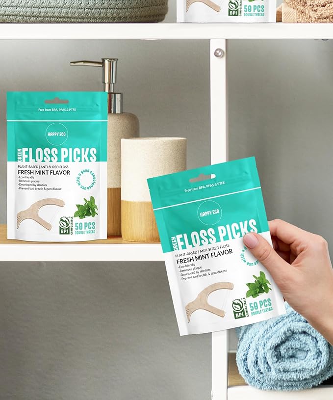 Floss Picks Biodegradable (100pcs) - Plant Based Dental Floss Picks, Natural Flossers for Adults & Kids, Nontoxic Vegan Tooth Pick Flossers & Eco Floss Sticks - Double Thread Mint