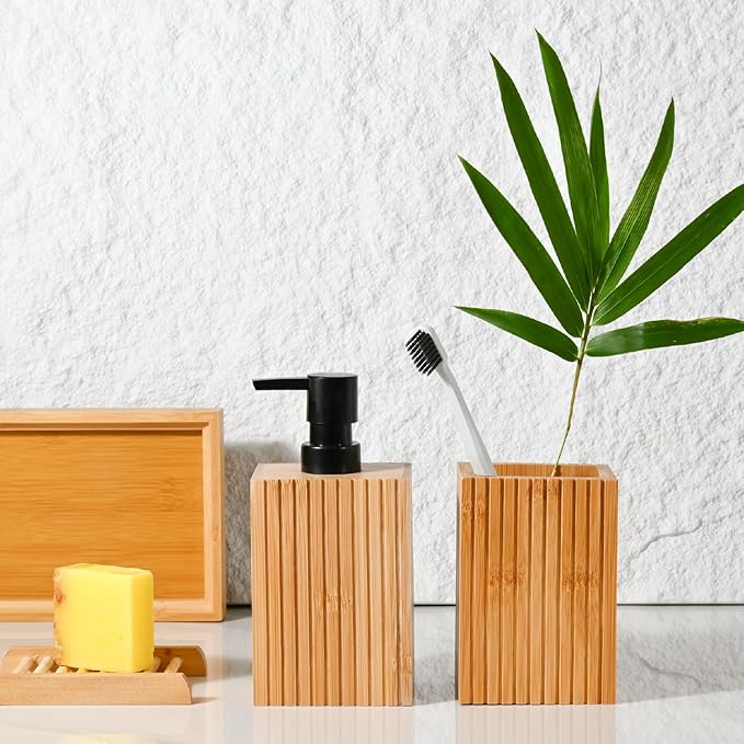 2 Pack Natural Bamboo Toothbrush Holder, Fluted Square Design for Countertop, Multipurpose Pen Holder or Desktop Organizer, Natural