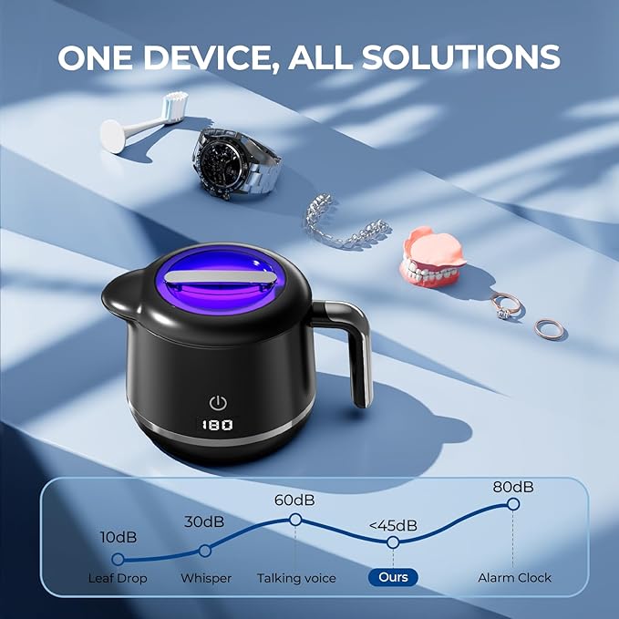 Ultrasonic Retainer Cleaner Machine - 45kHz Ultrasonic Cleaner - 200ML Mouth Guard & Denture Cleaner Pod & Jewelry - 5 Modes with Digital Timer - Upgrade Water Bottle Design