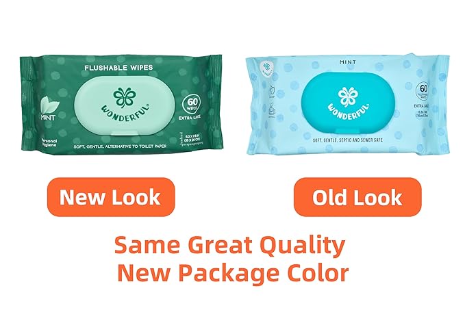 WONDERFUL Flushable Wipes, Mint 100% Plant-Based Wet Butt Wipe for Adults & Kids, Sewer Septic Safe, Gentle for Sensitive Skin, Wipes Flushable Pack for Bathroom & Travel, 6-Pack (360 Counts)