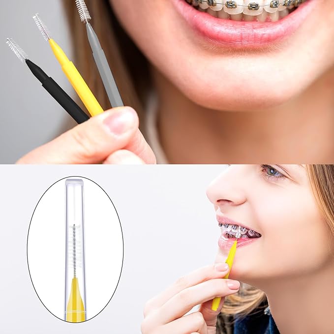 Patelai 100 Pieces Braces Brush for Cleaner Interdental Brush Toothpick Dental Tooth Flossing Head Oral Dental Hygiene Flosser Toothpick Cleaners Tooth Cleaning Tool (Black, Grey,Yellow,Various Sizes)
