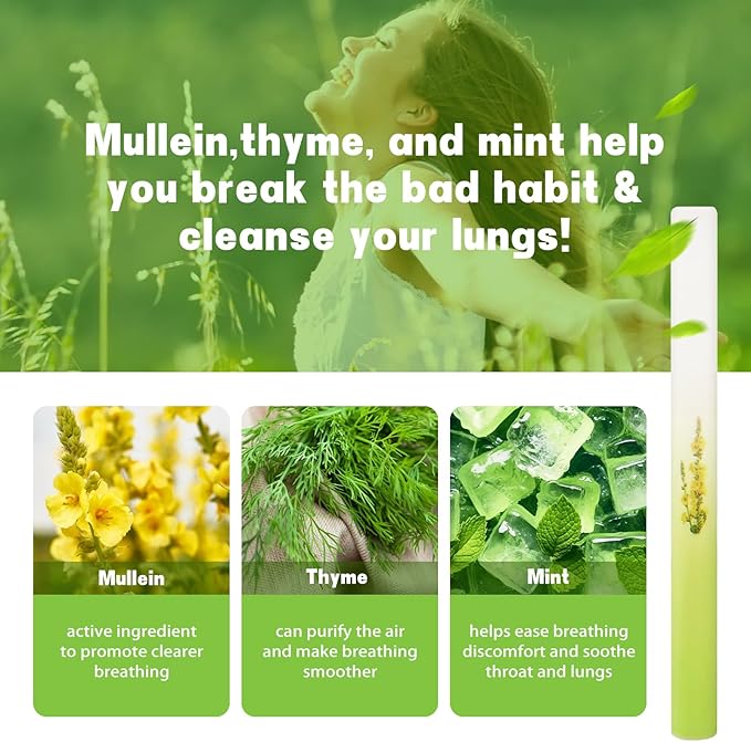 Mullein Herbal Diffuser Upgraded with Extracts of Mullein, Thyme and Mint for Cleansing Lungs, Improving Breathing and Oral Air Freshening- 2 Stick, 2 Pack