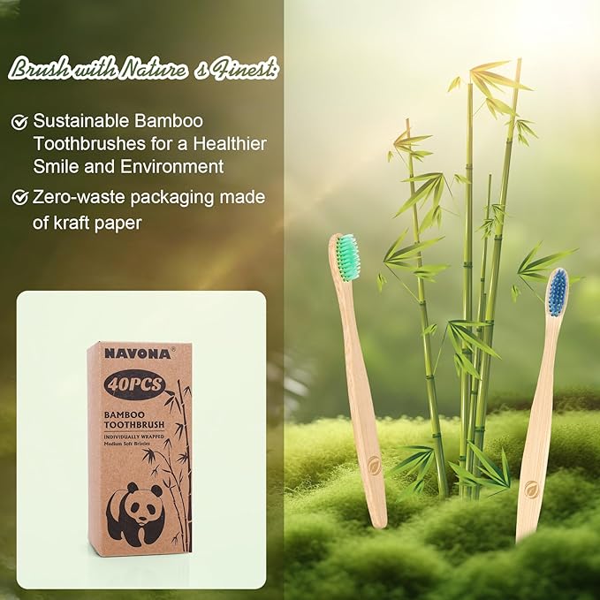 Navona 36 PCS Bamboo Toothbrushes, Kids Aged 7+ Toothbrush Pack, Eco-Friendly Natural Wooden Toothbrush Bulk, Individually Wrapped Bulk Toothbrushes,BPA Free Medium Soft Bristles