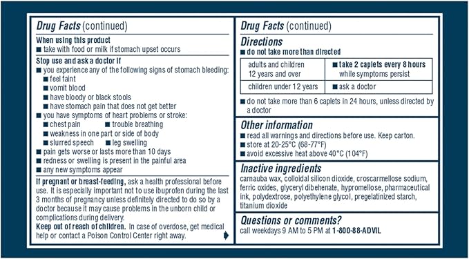 Advil Dual Action Coated Caplets with Acetaminophen, 250 Mg Ibuprofen and 500 Mg Acetaminophen per Dose (2 Dose Equivalent) for 8 Hour Pain Relief - 216 Count