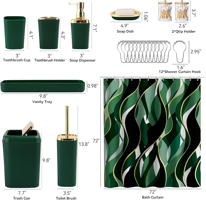 Green Bathroom Set, Bathroom Sets with Stripe Shower Curtain, Green and Gold Bathroom Accessories with Trash Can, Soap Dispenser, Soap Dish, Toilet Brush Holder, Qtip Holders for Bathroom