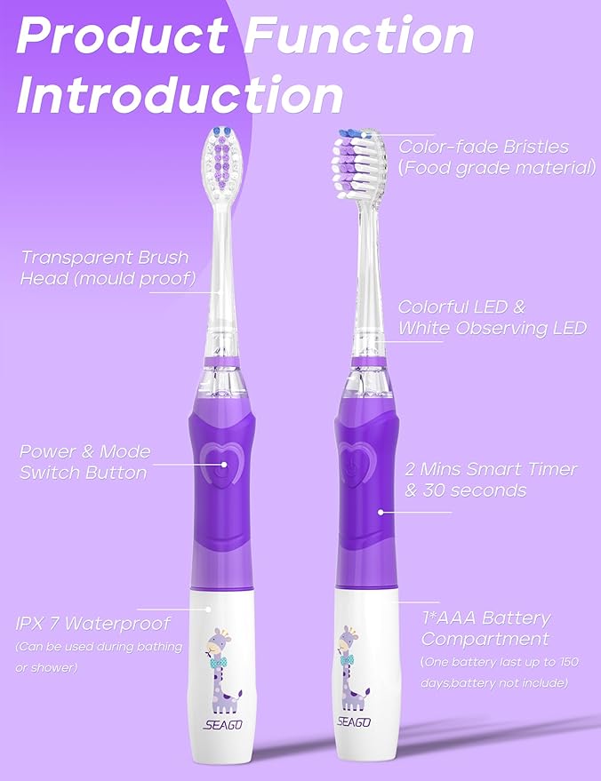 SEAGO Kids Electric Toothbrush with 2 Mins Brushing Timer and 8 Replacement Bursh Heads,Rainbow LED Light Make Brushing Fun, Blue Color Boys Battery Powerd Toothbrush for 4-12 Years Old