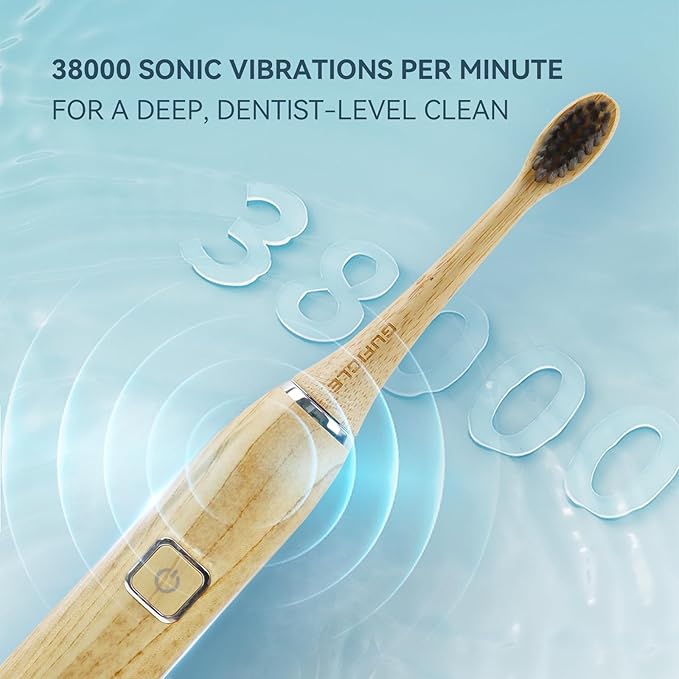 Bamboo Electric Toothbrush, Sonic Electric Bamboo Toothbrush for Adults, IPX7 Waterproof Rechargeable Toothbrush, 5 Cleaning Modes, 4 Bamboo Brush Heads Soft Bristle
