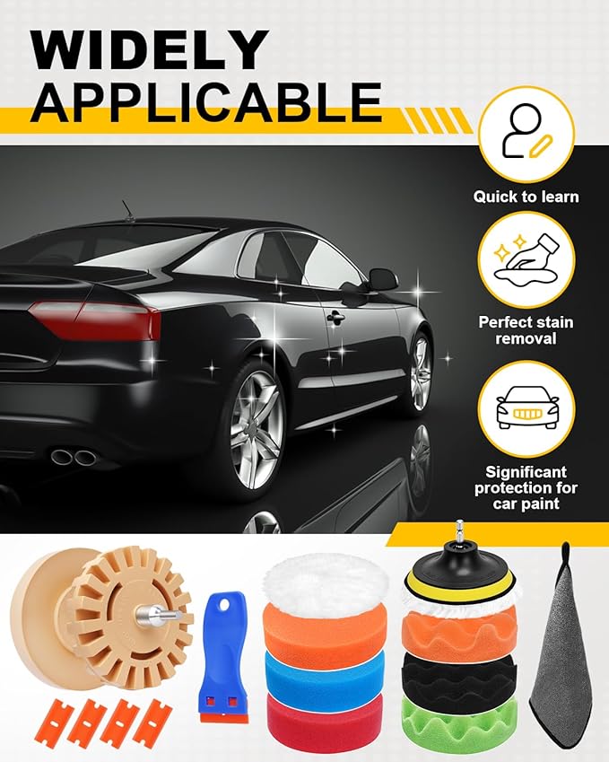 Eraser Wheel, Decal Removal Tool, Adhesive Remover Wheel for Automotive Car Sticker, Vinyl, Rv, with Plastic Razor Blades Scraper Tool, Serrated & Solid Eraser Wheel and Polishing Pads -17 Pcs