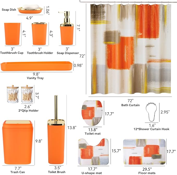 Bathroom Accessories Set - 25PC Bathroom Set with Shower Curtain and Rugs, Orange Bathroom Set, Bathroom Accessory Set with Press-on Lid Trash Can, Soap Dispenser and Qtip Holders